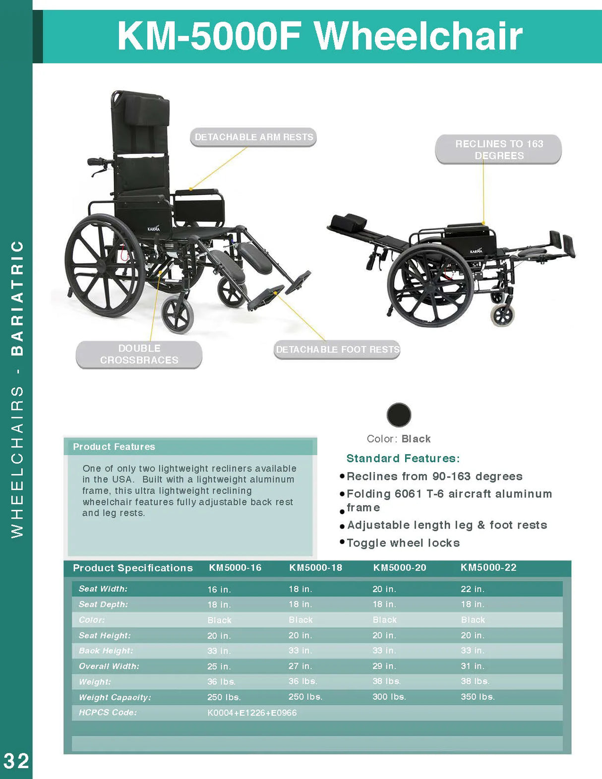 Karman Healthcare KM-5000 Lightweight Reclining Wheelchair