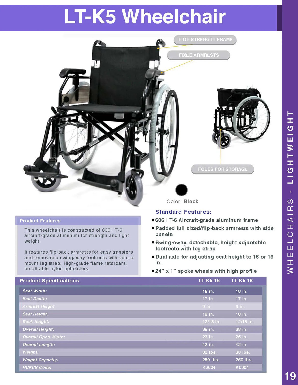 Karman Healthcare LT-K5 Adjustable Ultra Lightweight Wheelchair