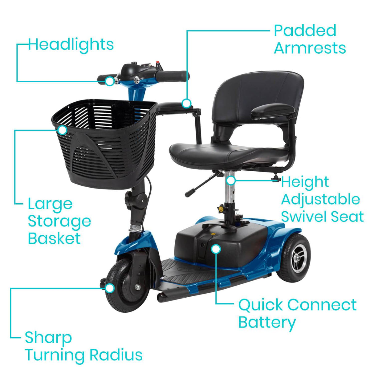Vive Health 3-Wheel Mobility Scooter - 12 Mile Range, 265 LB Capacity, Detachable Frame